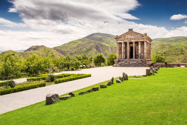 Panoramic view of the Garni Temple - one of the main travel and sightseeing attractions of Armenia, located near Yerevan Panoramic view of the Garni Temple - one of the main travel and sightseeing attractions of Armenia, located near Yerevan armenia country stock pictures, royalty-free photos & images
