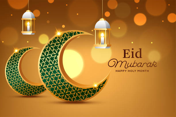 ilustrações de stock, clip art, desenhos animados e ícones de eid mubarak islamic vector design, eid mubarak wishes with hanging lantern and hollow engraving moon on bokeh background - adhan