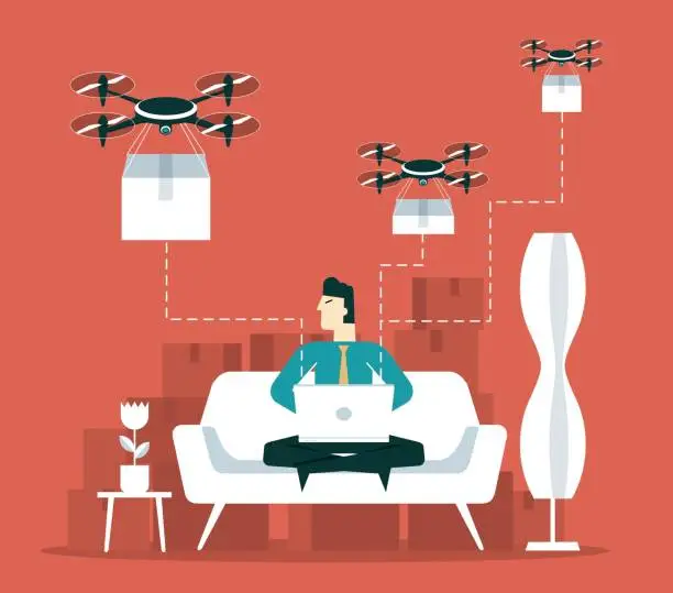 Vector illustration of Quadcopter Remote Freight Shipping - Businessman