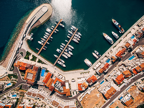 Yachts in front of the residential complex Lustica Bay. Drone. High quality photo