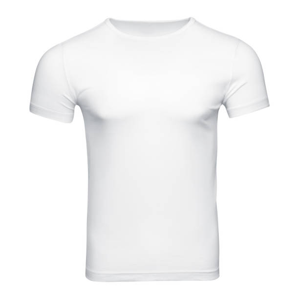 istock Muscular white T-shirt mockup as design template. Tee Shirt blank isolated on white. Front view 1354823132