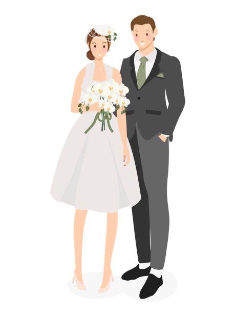 cute cartoon young wedding couple with Phalaenopsis orchid bouquet flat style