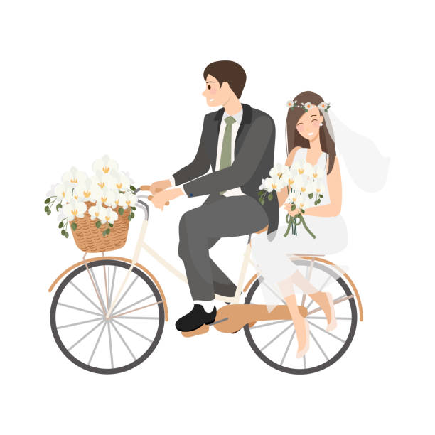 istock beautiful young just married wedding couple ride bicycle isolated on white background 1354823704
