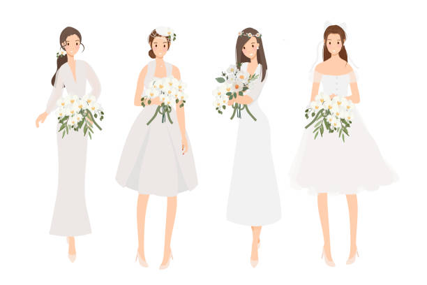 ilustrações de stock, clip art, desenhos animados e ícones de beautiful young bride in white wedding dress with phalaenopsis orchid flower bouquet flat style cartoon collection isolated on white background - wedding dress