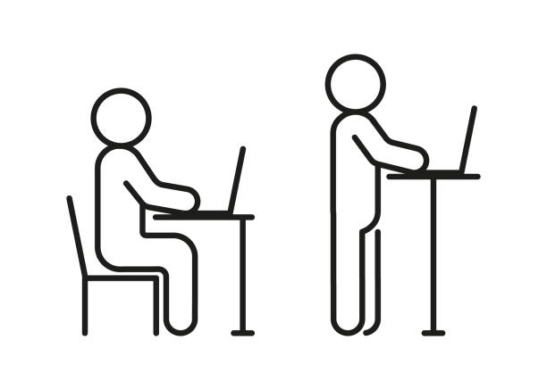 Types of work at computer while sitting and standing, ergonomic workplace. Correct body position. Protect health, posture, eyesight. Vector illustration Types of work at computer while sitting and standing, ergonomic workplace. Correct body position. Protect health, posture, eyesight. Vector laptop side icon stock illustrations