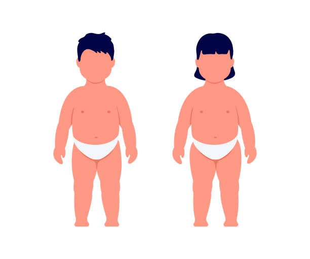 kinder übergewichtig, jungen und mädchen fettleibigkeit, vorbote von diabetes. überpr�üfen sie den zustand. übergewicht. vektorillustration - child obesity stock-grafiken, -clipart, -cartoons und -symbole