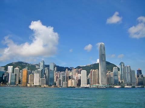 Skyline of Victoria Harbour, Hongkong on a clear day. A financial centre in Central Asia.