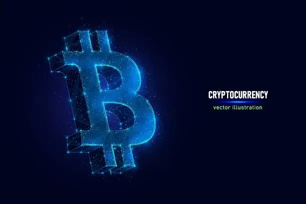 Vector illustration of Bitcoin symbol digital wireframe made of connected dots. Crypto currency sign low poly vector illustration on blue background.