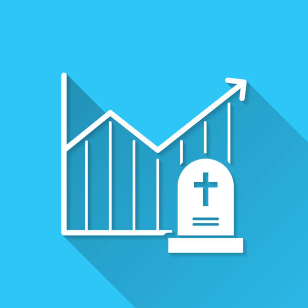 ilustraciones, imágenes clip art, dibujos animados e iconos de stock de gráfico de aumento de la mortalidad. icono sobre fondo azul - diseño plano con sombra larga - tumba icono plana