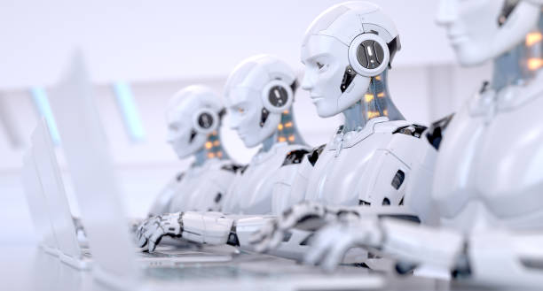 The Future of Work in an AI-Powered World: The Pros, Cons, and Opportunities 2 four robots working with laptop