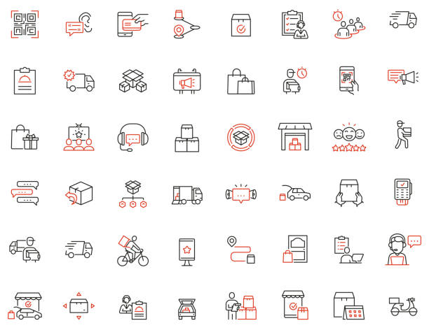 Vector Set of Linear Icons Related to Tracking Order, Shipping, Express Delivery Process and Order Curbside Pickup Online. Mono line pictograms and infographics design elements Vector Set of Linear Icons Related to Tracking Order, Shipping, Express Delivery Process and Order Curbside Pickup Online. Mono line pictograms and infographics design elements warehouse icons stock illustrations