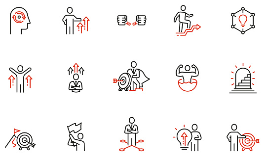 Vector set of linear icons related to assertiveness, striving for development, self-realization and career progress. Mono line pictograms and infographics design elements