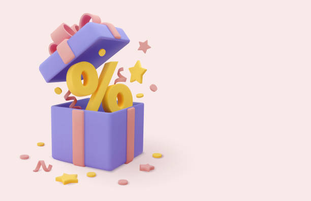3d realistic sale banner 3d realistic sale banner template. Opened gift box with discount, stars and tinsel. Vector 3d render illustration. pink background illustrations stock illustrations