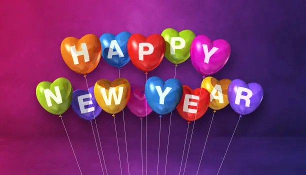 Colorful happy new year heart shape balloons on a purple concrete background. Horizontal banner. 3D illustration render