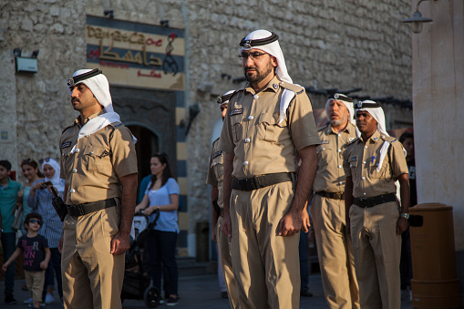 Doha,Qatar,12,16,2018. Line up the police in front of the police station in the market Souk Waqif.