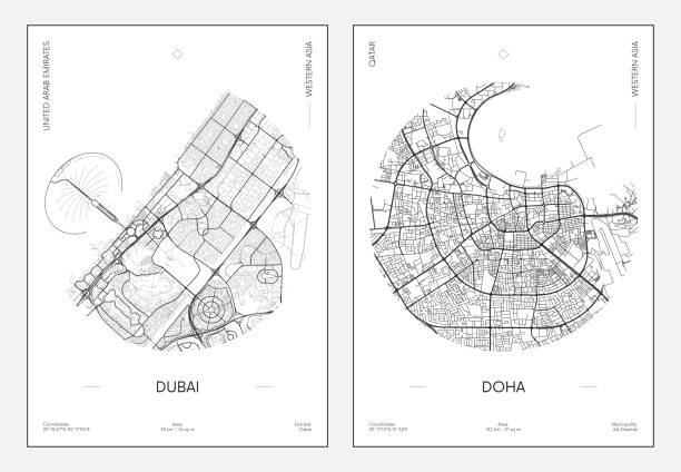 illustrations, cliparts, dessins animés et icônes de affiche de voyage, plan urbain de la ville de dubaï et doha, illustration vectorielle - illustrations de doha