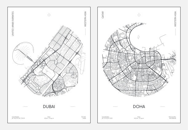 ilustrações de stock, clip art, desenhos animados e ícones de travel poster, urban street plan city map dubai and doha, vector illustration - dubai