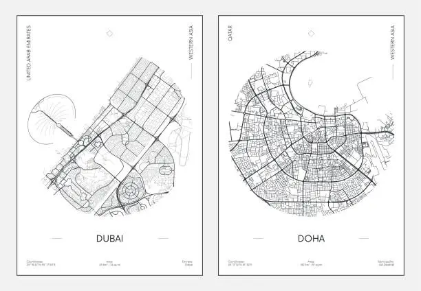 Vector illustration of Travel poster, urban street plan city map Dubai and Doha, vector illustration