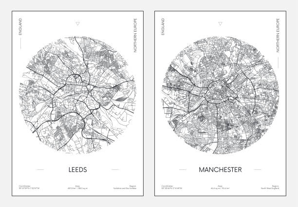 旅行ポスター、都市街づくり都��市地図リーズとマンチェスター、ベクターイラスト - leeds england uk city famous place点のイラスト素材／クリップアート素材／マンガ素材／アイコン素材