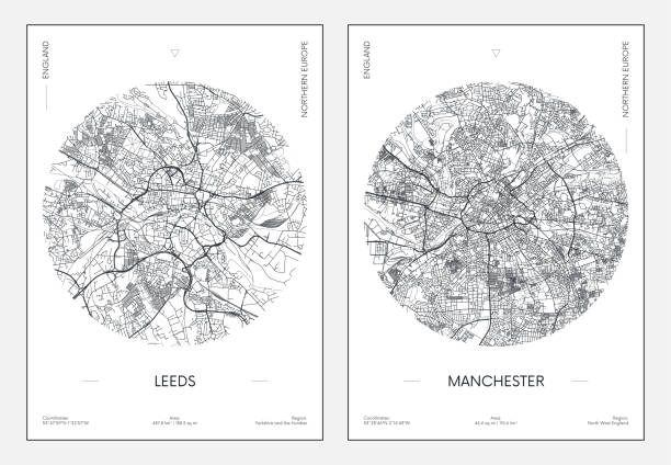 여행 포스터, 도시 거리 계획 도시지도 리즈와 맨체스터, 벡터 일러스트 - manchester stock illustrations