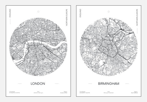 illustrazioni stock, clip art, cartoni animati e icone di tendenza di poster di viaggio, piano stradale urbano mappa della città di londra e birmingham, illustrazione vettoriale - london