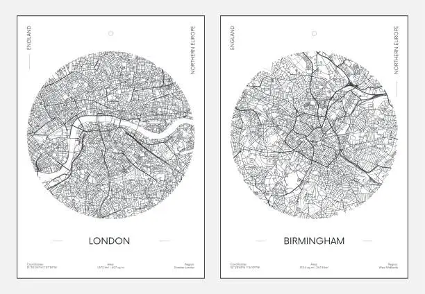 Vector illustration of Travel poster, urban street plan city map London and Birmingham, vector illustration