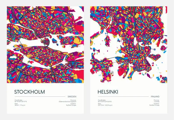 Vector illustration of Color detailed road map, urban street plan city Stockholm and Helsinki with colorful neighborhoods and districts, Travel vector poster