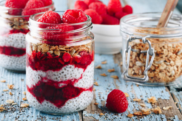istock Chia Pudding. Healthy vanilla raspberry chia pudding in a glass jar with fresh berries and granola oats 1354834868