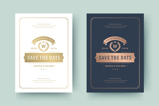 Wedding invitation save the date card templates with flourishes ornaments vignettes swirls vector illustration.