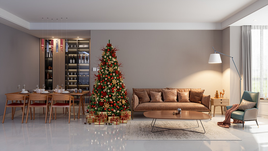 Luxury Living Room Interior With Christmas Tree, Gift Boxes, Leather Sofa, Armchair And Dining Table