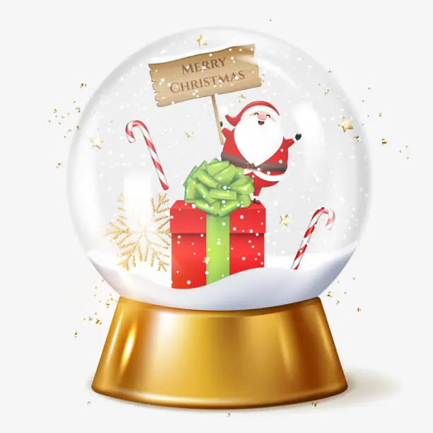 Vector illustration of Transparent crystal ball with Santa Claus and gift box.