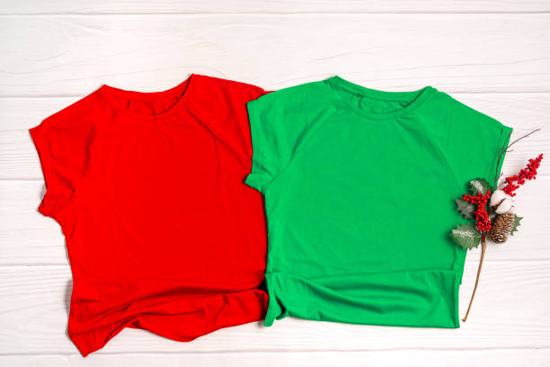 istock Christmas mockup t-shirt on white background flatlay, copyspace 1354836271