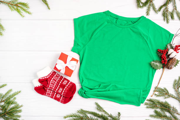istock Christmas mockup t-shirt on white background flatlay, copyspace 1354836280