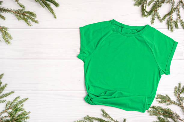 istock Christmas mockup t-shirt on white background flatlay, copyspace 1354836282