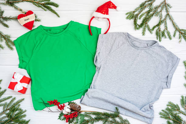 istock Christmas mockup t-shirt on white background flatlay, copyspace 1354836298