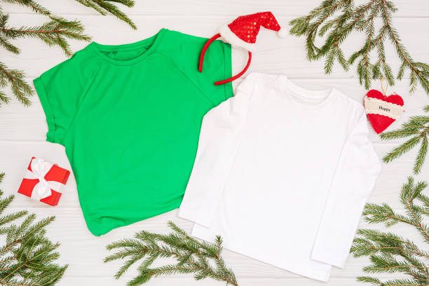 istock Christmas mockup t-shirt on white background flatlay, copyspace 1354836307