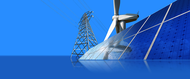 Group of a solar panels and a white wind turbine on a blue background with a power line tower, copy space and reflections.