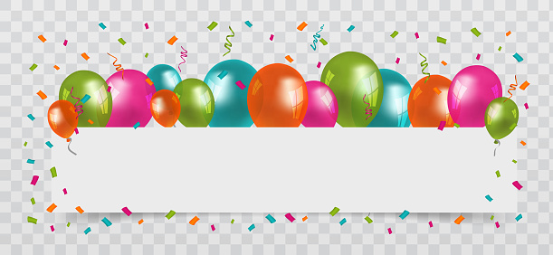 Colourful Balloons with confetti and streamers white Paper free Space. Transparent background. Party, Birthday and Carnival Vector.