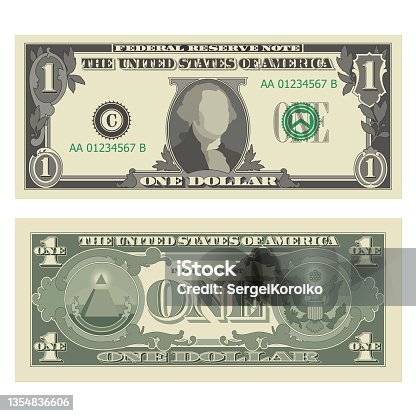 istock One dollar bill, 1 US dollar banknote, from obverse and reverse. Simplified vector illustration of USD isolated on a white background 1354836606