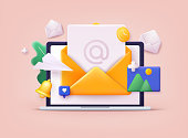 istock Subscribe to newsletter. Vector illustration for online marketing and business. Open envelope with letter on phone. Sign up to mailing list. 3D Web Vector Illustrations. 1354836704