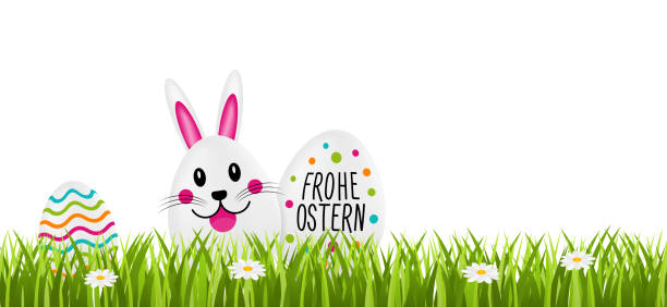 Happy Easter - Painted Easter egg with calligraphy, Easter bunny and flower meadow Happy Easter - Painted Easter egg with calligraphy, Easter bunny and flower meadow wiese stock illustrations
