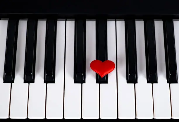 Piano Keyboard with a Red Heart closeup