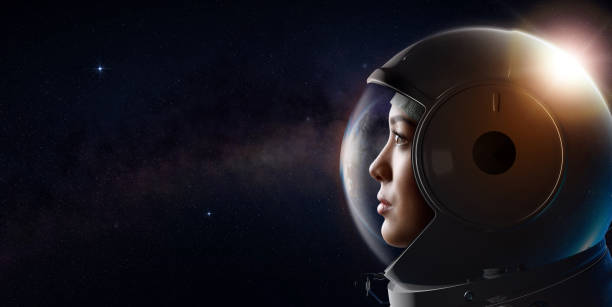 portrait of female cosmonaut in the outer space. - human face close up horizontal ideas imagens e fotografias de stock