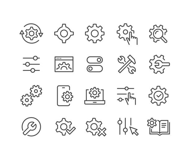 ilustraciones, imágenes clip art, dibujos animados e iconos de stock de conjunto de iconos de configuración - classic line series - installing