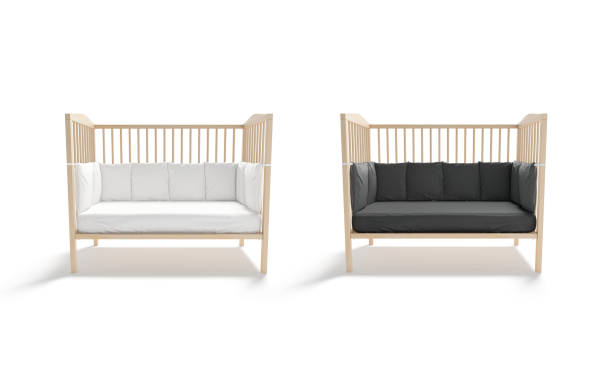 Blank wood cot black, white crib sheet, protective bumpers mockup