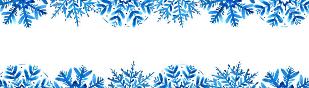 istock Winter frame with blue watercolor snowflakes on the top and bottom on white background. Long rectangle. 1354839242