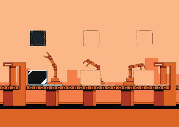 Vector illustration of Automated laptop assembly line with products not being finished due to the global microchip shortage. Monochrome illustration with vibrant orange.