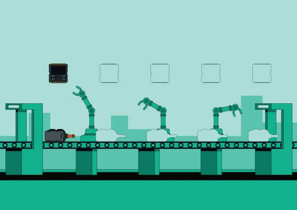 Vector illustration of Automated VR headset assembly line with products not being finished due to the global microchip shortage. Monochrome illustration with vibrant teal.