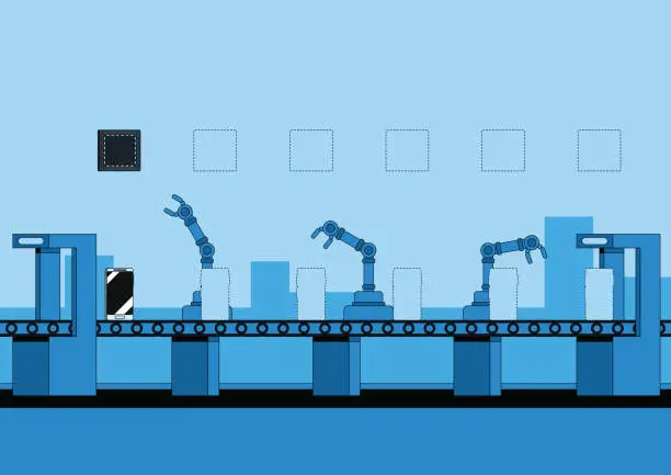Vector illustration of Automated smartphone assembly line with products not being finished due to the global microchip shortage. Monochrome illustration with vibrant blue.