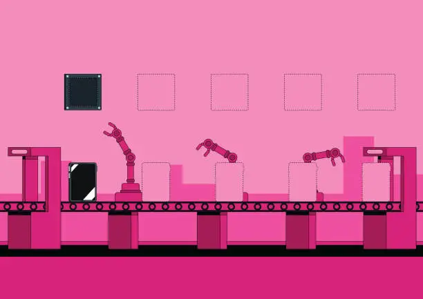 Vector illustration of Automated tablet PC assembly line with products not being finished due to the global microchip shortage. Monochrome illustration with vibrant pink.